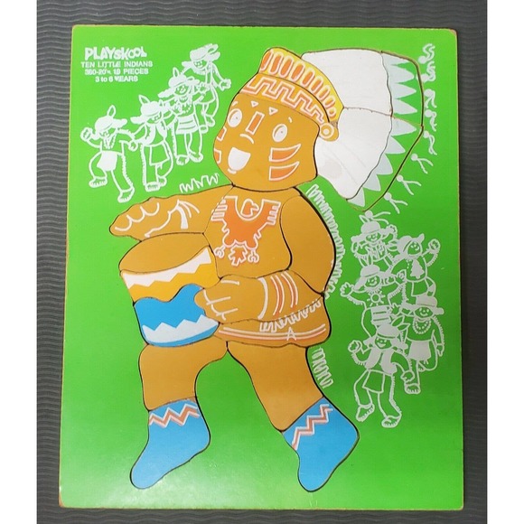 Vintage Playskool Wooden Puzzle Ten Little Indians 9x12  Vintage Playskool Wooden Puzzle Ten Little Indians 9x12 Inches B